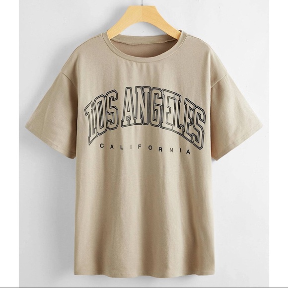 Tops - Letter Graphic Drop Shoulder Beige Longline Tee